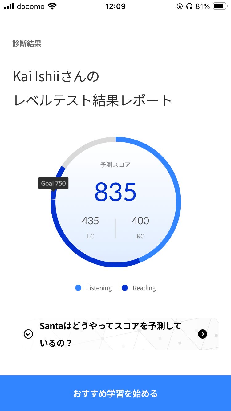 TOEIC対策アプリSantaアルクのレベルテスト受験後の結果レポート画面