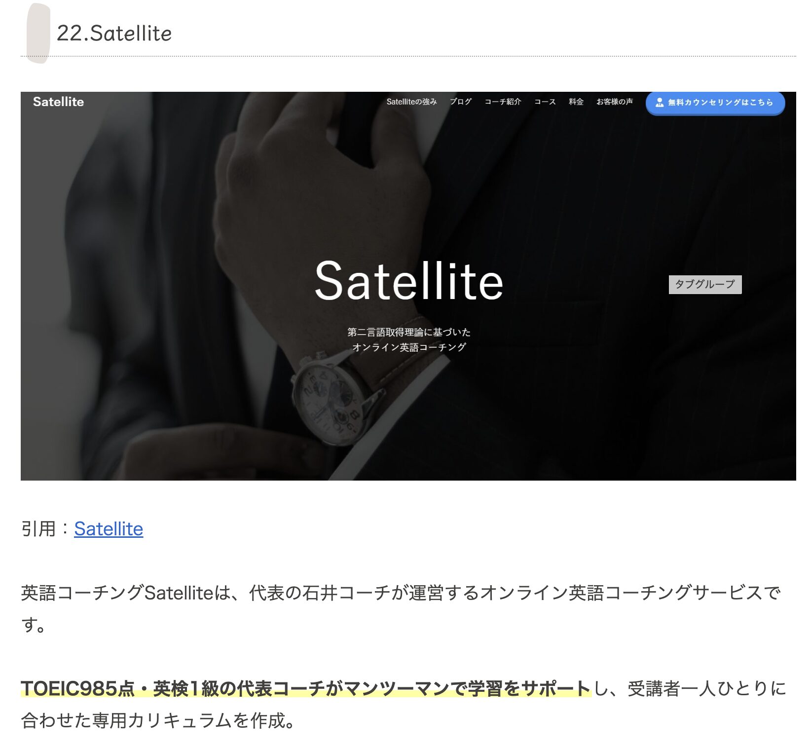 「イメージリンク」サイトでSatelliteが掲載された様子